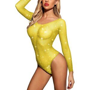 Women Yellow Lingerie Fishnet Teddy Sparkle Rhinestone One Piece Mesh Bodysuit